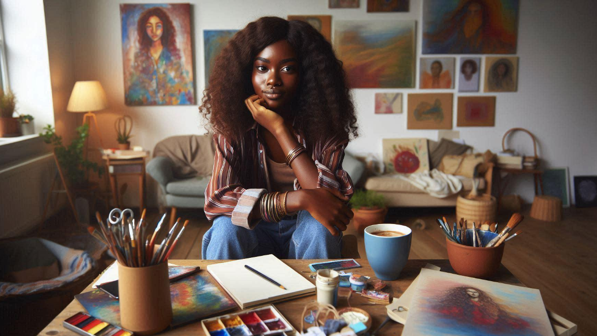 Yvonne Agunsoye sitting in her art studio, surrounded by her artwork and painting supplies, reflecting her creative lifestyle and artistic environment.