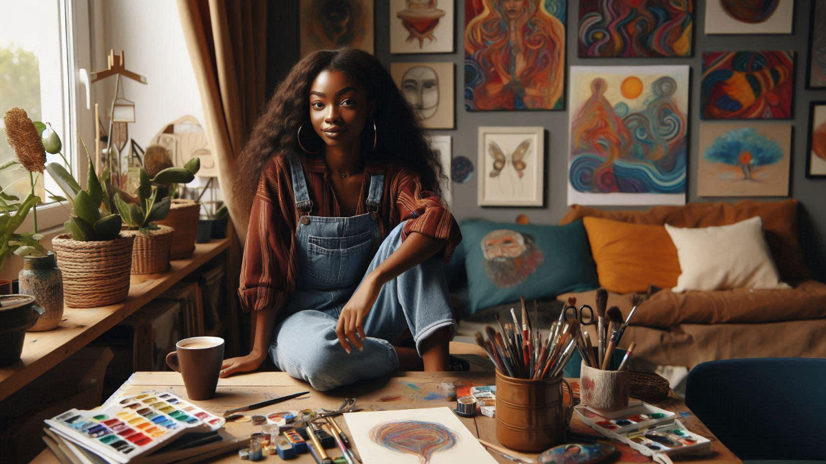 Yvonne Agunsoye sitting in her art studio, surrounded by her artwork and painting supplies, reflecting her creative lifestyle and artistic environment.