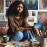 Yvonne Agunsoye sitting in her art studio, surrounded by her artwork and painting supplies, reflecting her creative lifestyle and artistic environment.