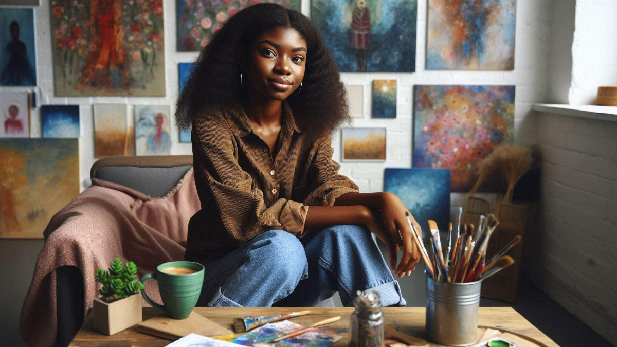 Yvonne Agunsoye sitting in her art studio, surrounded by her artwork and painting supplies, reflecting her creative lifestyle and artistic environment.