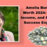 Amelia Bond smiling, with text displaying 'Amelia Bond Net Worth' and images of money and stacked coins.