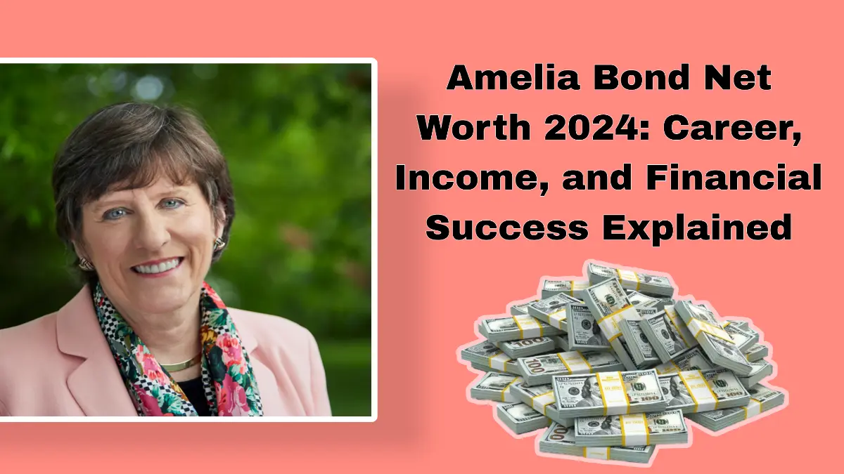 Amelia Bond smiling, with text displaying 'Amelia Bond Net Worth' and images of money and stacked coins.