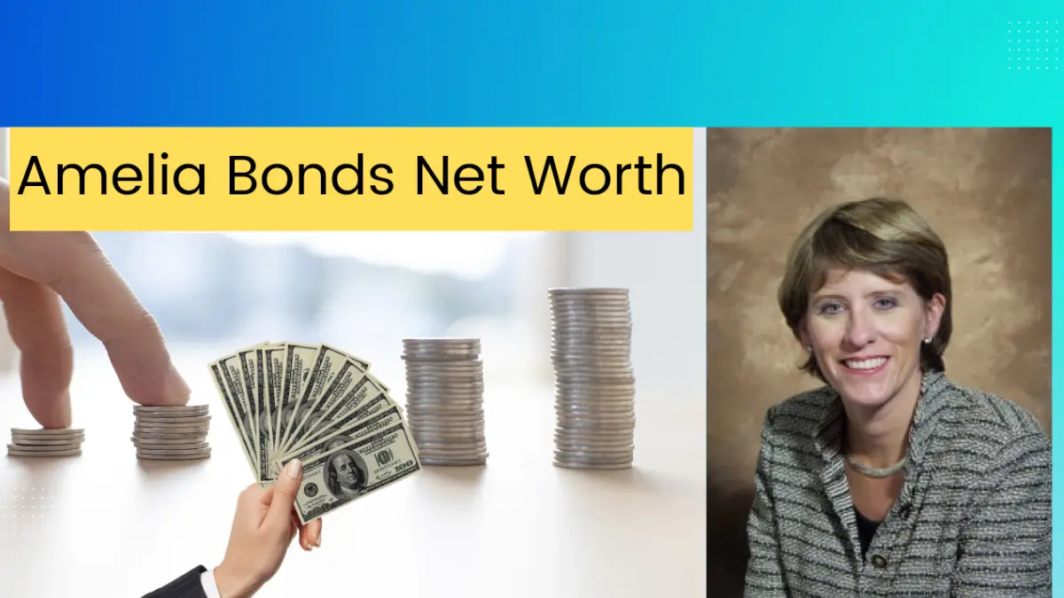 Amelia Bond smiling, with text displaying 'Amelia Bond Net Worth' and images of money and stacked coins.