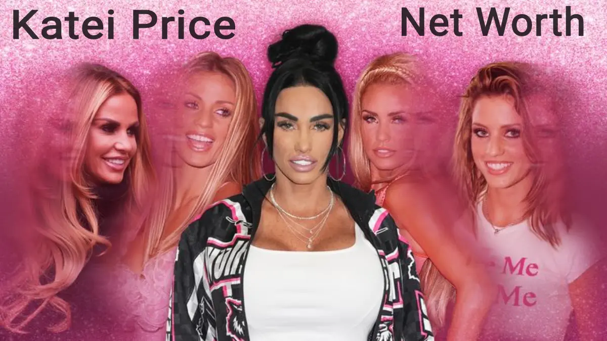 The image is a collage featuring five different pictures of Katie Price, each showing her in various outfits.