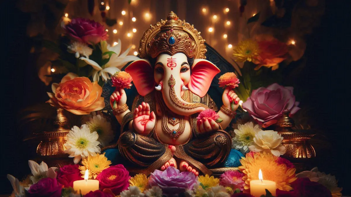 Lord Ganesh idol decorated with fresh flowers in an evening setup.