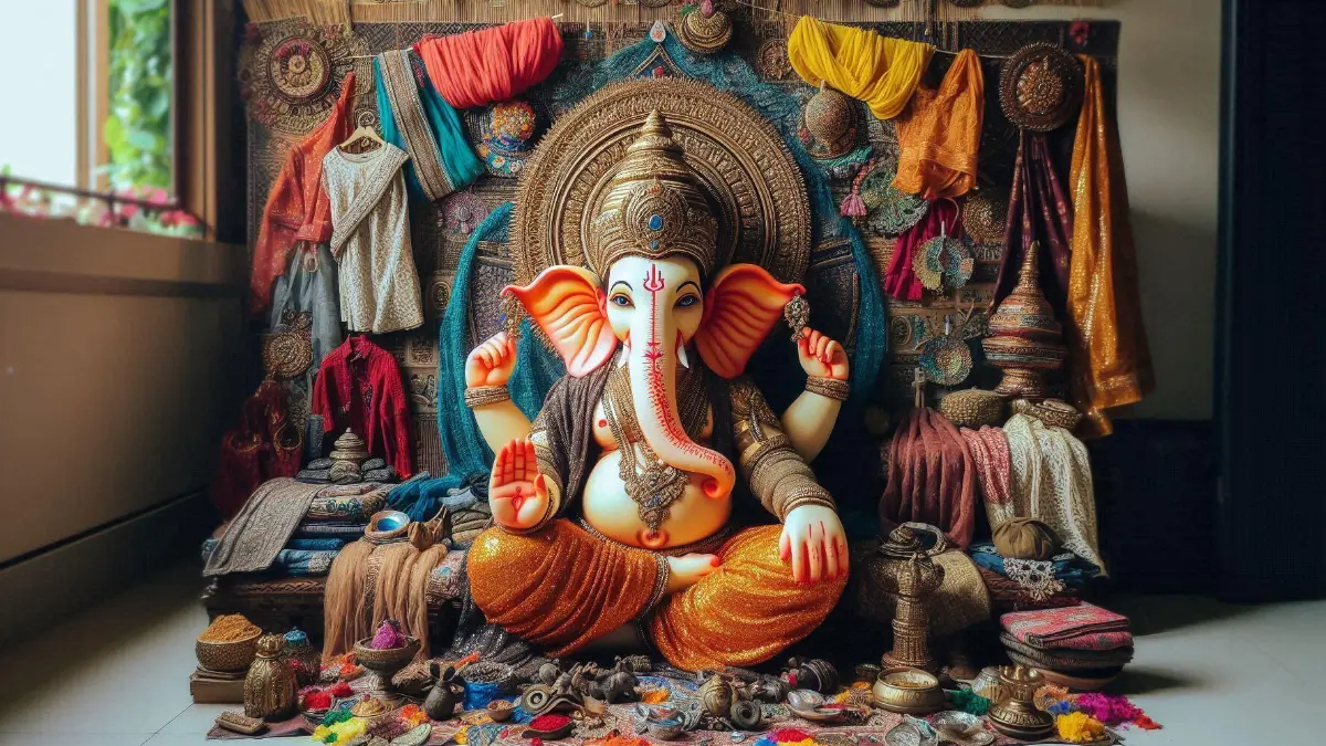 Lord Ganesh idol decorated with DIY materials like old clothes, paper, and cardboard.