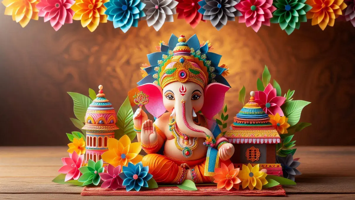 Lord Ganesh idol decorated with paper craft items like colorful paper flowers, bandanwar, and a small temple.