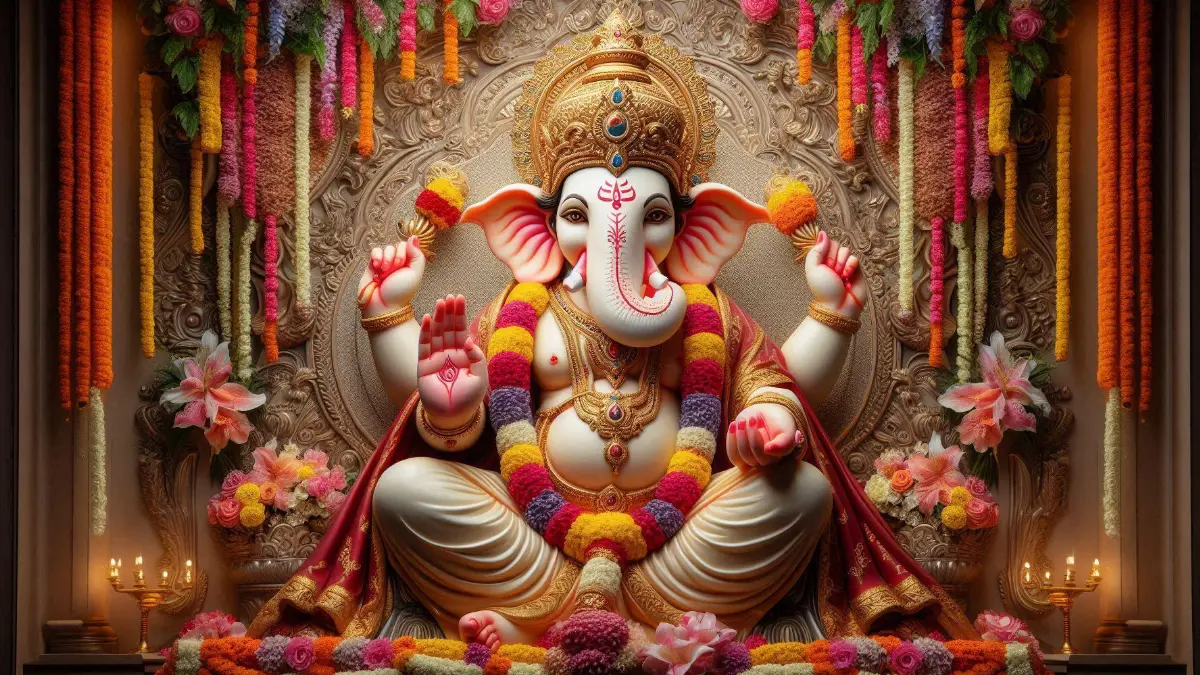 Lord Ganesh idol with a beautiful backdrop made of flower garlands, cloth, and wallpaper.