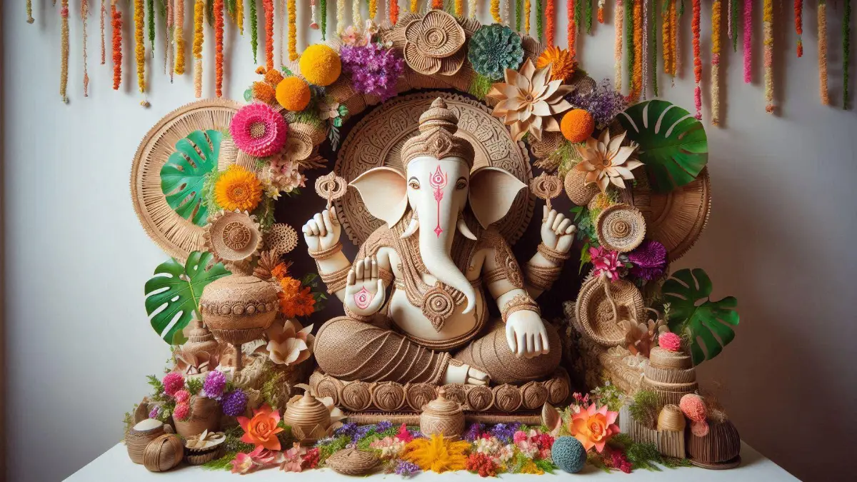 Lord Ganesh idol decorated with eco-friendly materials like bamboo, jute, and clay.