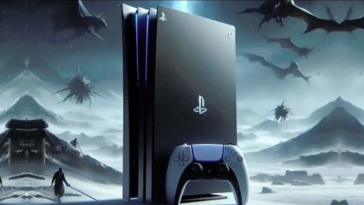 A PS5 Pro console stands vertically next to its controller on a snowy landscape with mountains in the background. Dark, winged creatures fly in the sky, and a lone figure walks towards a distant temple.