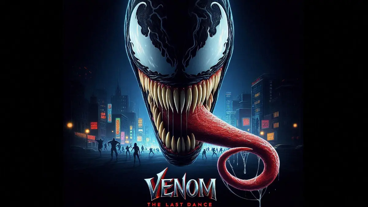 Venom: The Last Dance movie poster featuring Venom with his iconic tongue, Tom Hardy’s face, and a tagline hinting at an epic showdown.